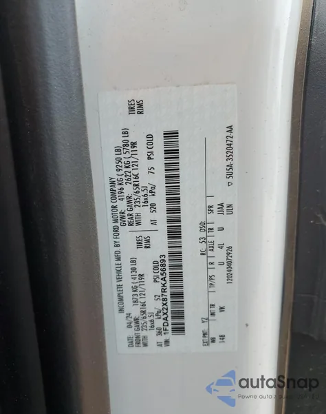 2024 Ford Transit T-350 из США, поврежденный, VIN 1FDAX2X87RKA56893